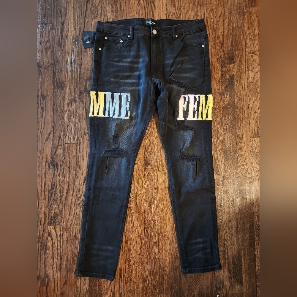 Homme + Femme NWT Men’s Letterman Slim Fit Stretch Distressed Black Denim sz 38